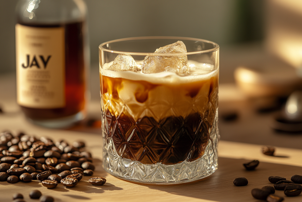 A glass of iced coffee with Javy concentrate and coffee beans.