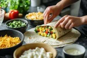 Preparing breakfast burritos step-by-step with fresh ingredients.