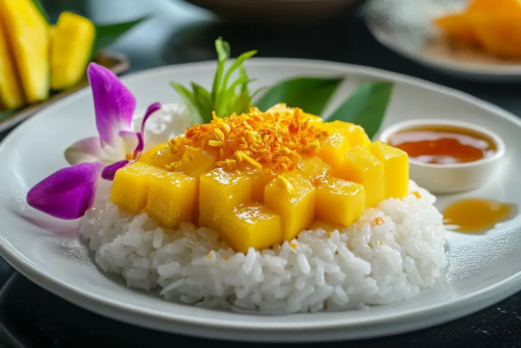 Modern Thai dessert fusion with mango sticky rice.