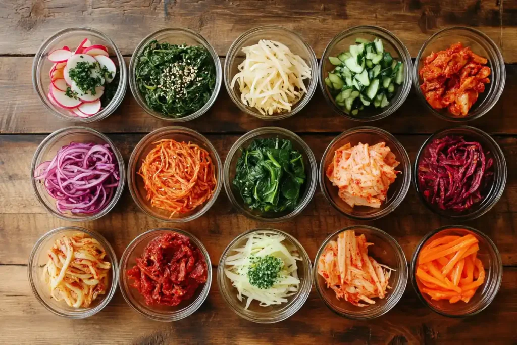 A variety of banchan on a traditional Korean bapsang, answering the question: What is a Korean Bapsang?