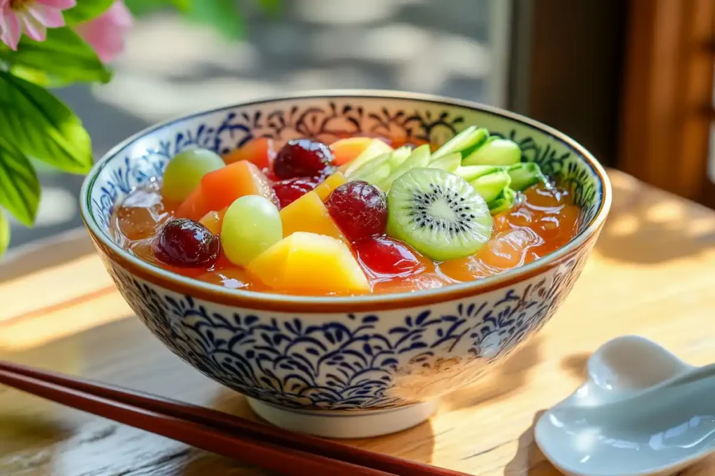 Anmitsu dessert bowl with agar jelly, fruits, and kuromitsu syrup.