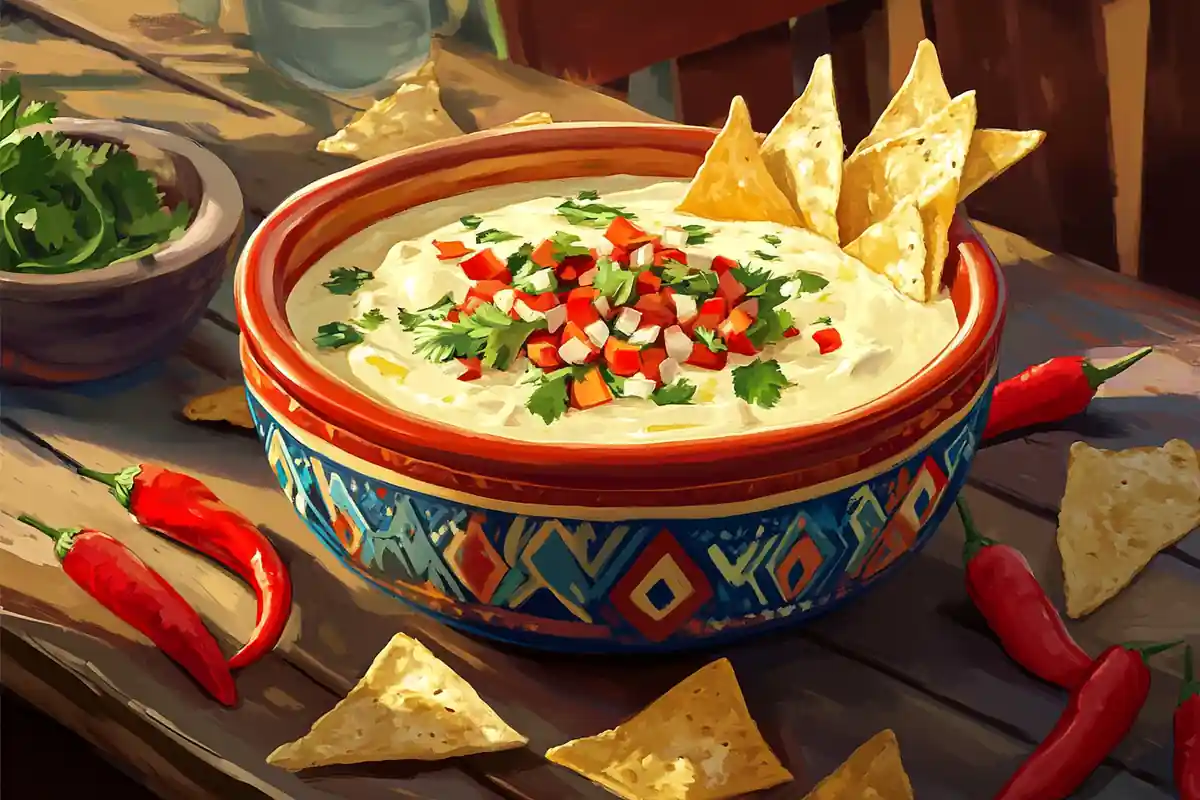 Chipotle-style queso blanco with fresh peppers and tortilla chips