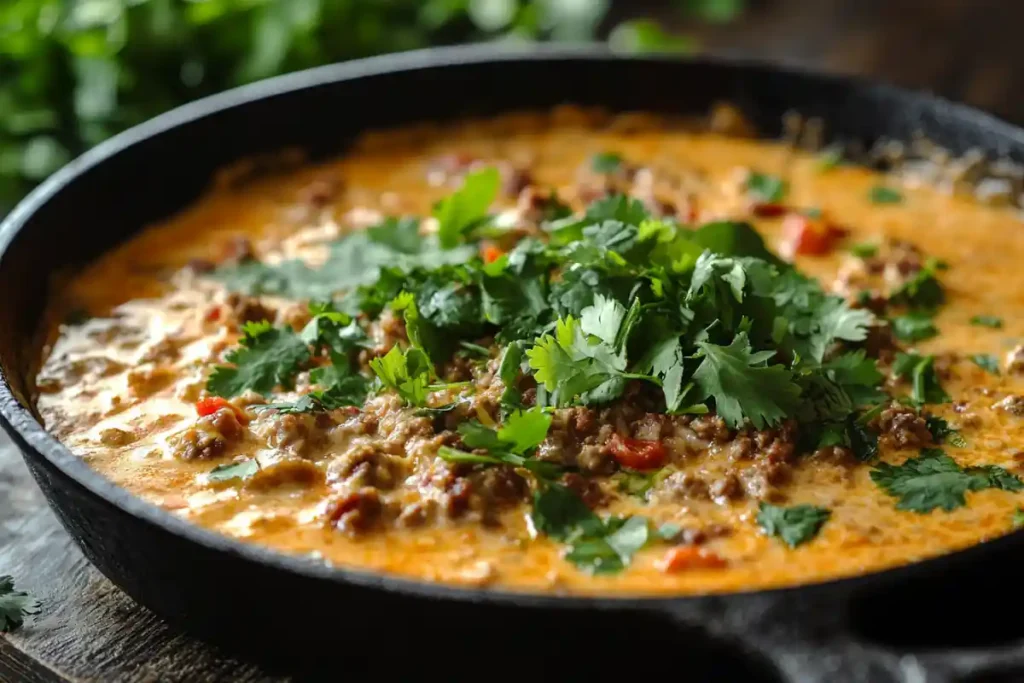 Authentic queso fundido with chorizo in a cast iron skillet.