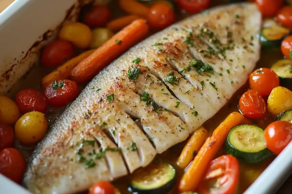 Baked steelhead trout with roasted vegetables.