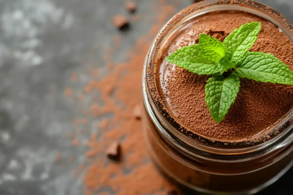 Sugar-free chocolate mousse in a glass jar with mint.