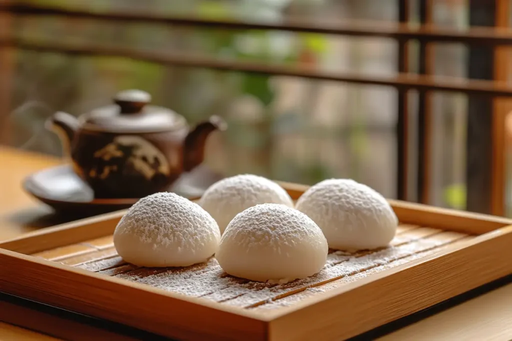 What is the most popular dessert in Japan? Traditional mochi served on a wooden tray with tea, a beloved Japanese sweet enjoyed for centuries.