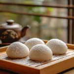 What is the most popular dessert in Japan? Traditional mochi served on a wooden tray with tea, a beloved Japanese sweet enjoyed for centuries.