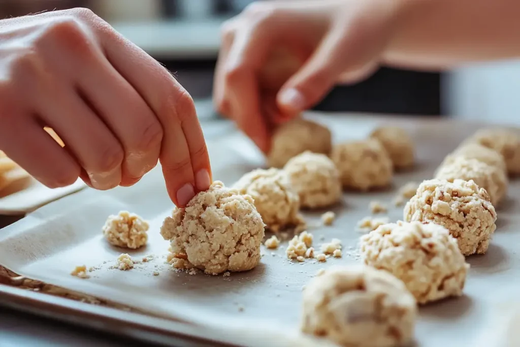 Hands shaping Crumbl cookie dough on a baking sheet.