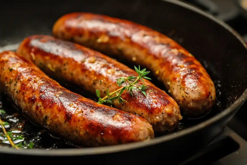 Pan-frying plant-based breakfast sausages for crispy texture.