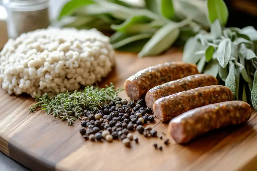 Plant-based sausage ingredients like textured protein and herbs.