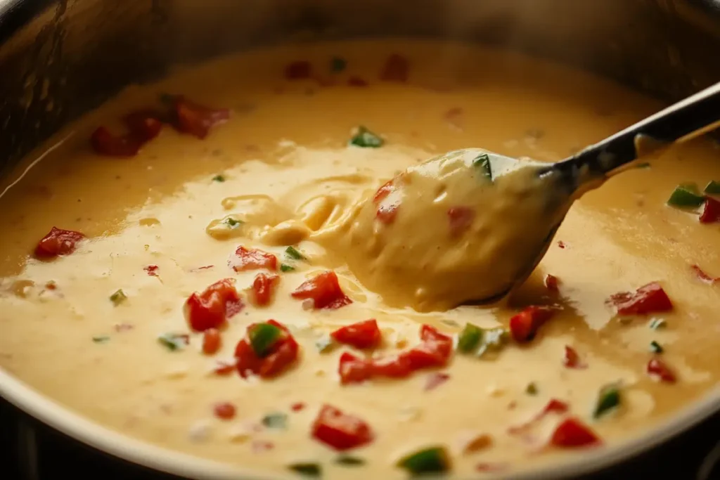 Melting cheese with diced peppers and spices in preparation for queso