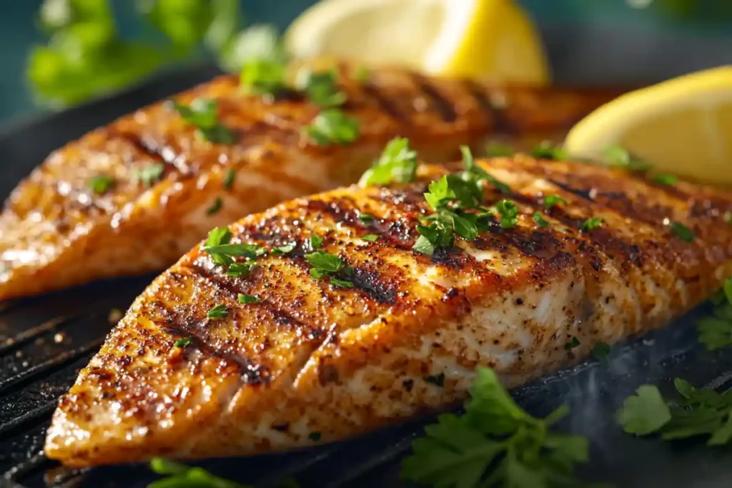 Grilled steelhead trout on a barbecue with lemon and herbs.