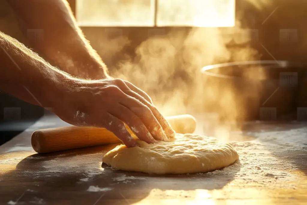 Hands kneading Gipfeli dough on a floured surface.