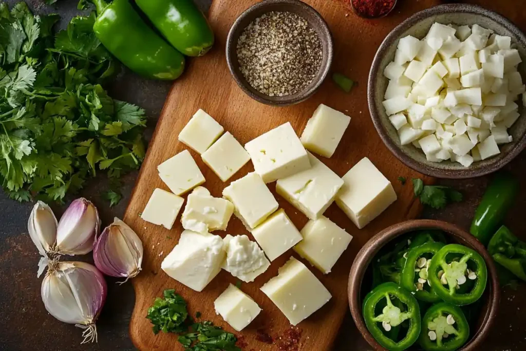 Ingredients for Chipotle queso, including cheese, jalapeños, garlic, onions, and spices, answering the question: What is in the queso at Chipotle?