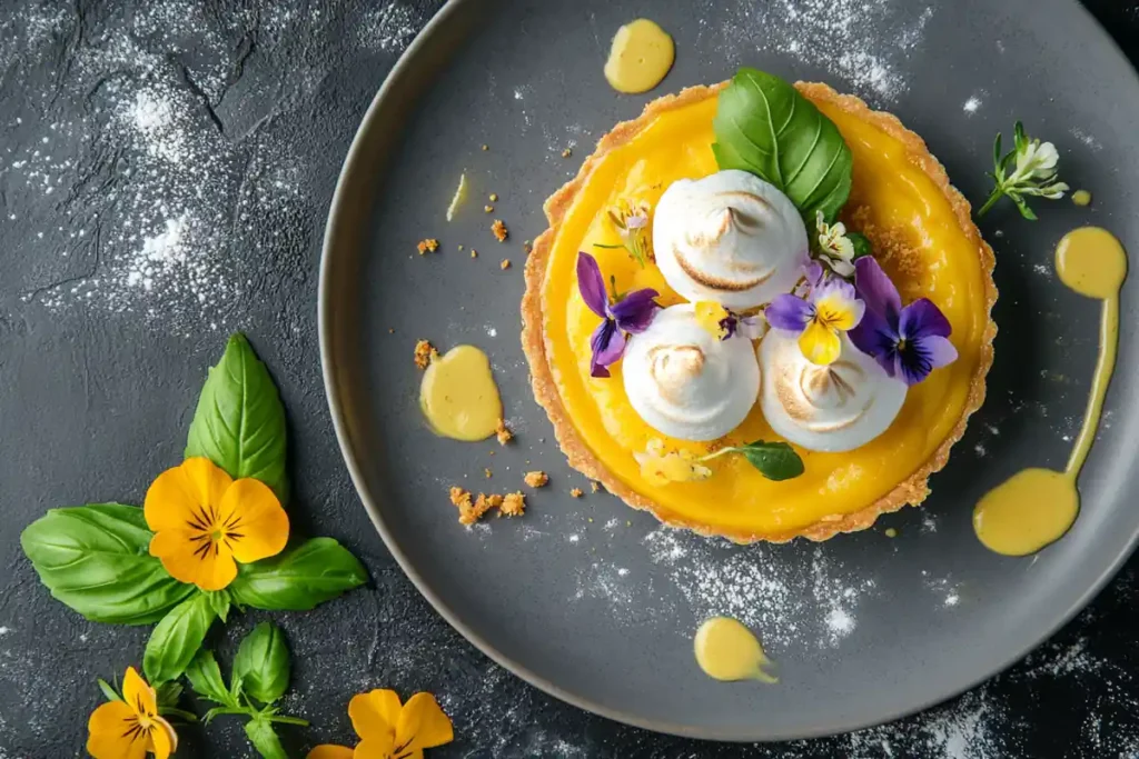 Lemon tart with meringue and basil crumble