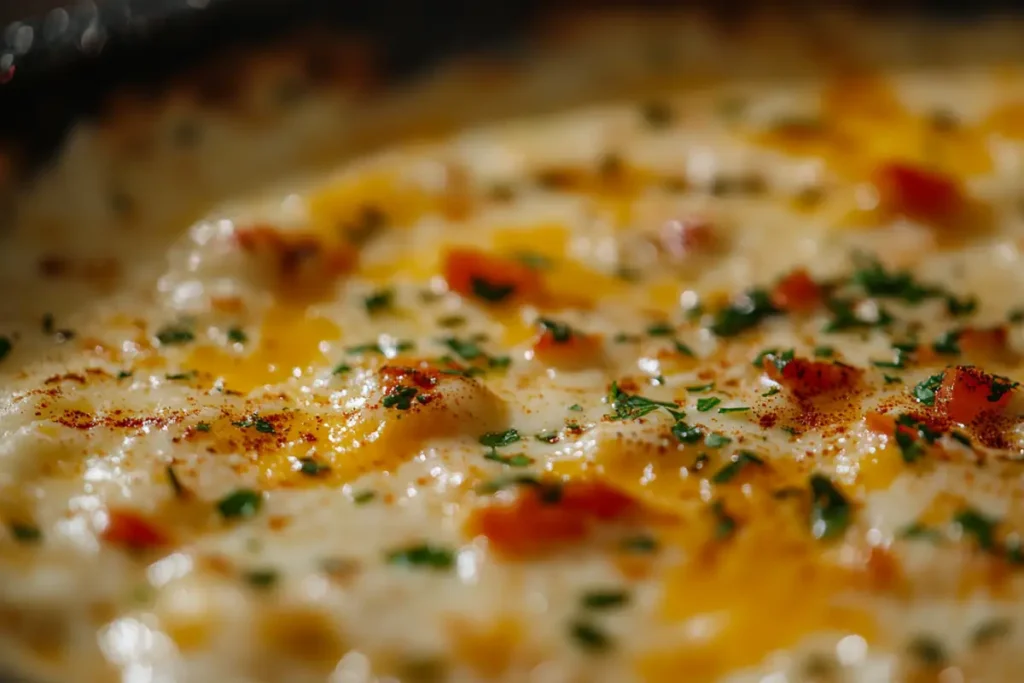 Chunky queso dip with diced peppers and spices