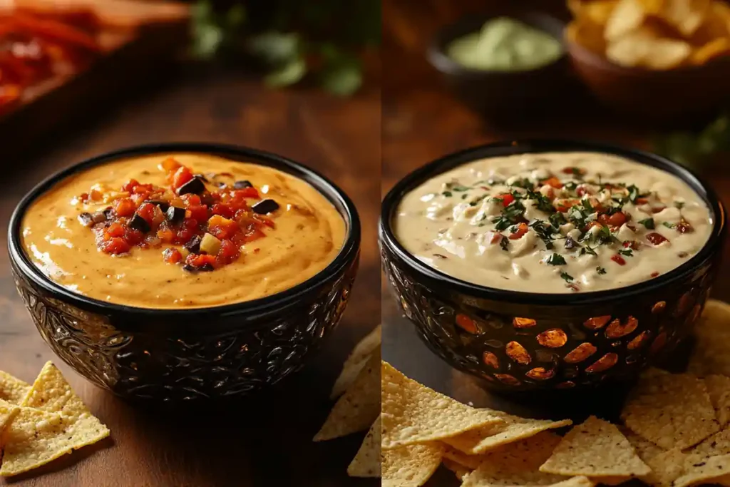 Traditional smooth queso next to Chipotle's chunky queso