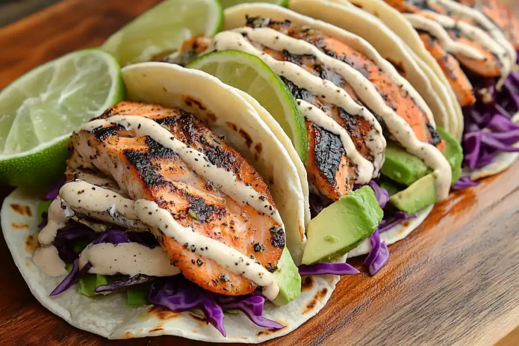 Steelhead trout tacos with avocado and lime.
