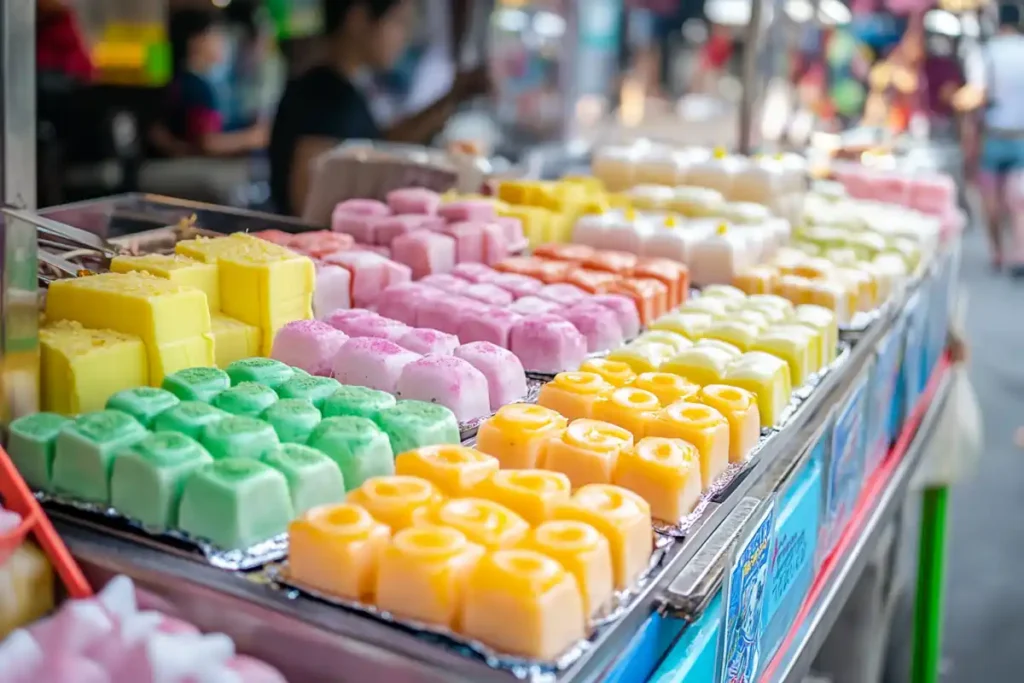 What is the most popular dessert in Thailand? A variety of Thai street market desserts in vibrant colors, showcasing traditional sweet treats