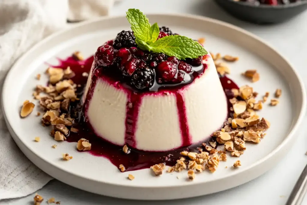 Vanilla panna cotta with berry compote and almond brittle