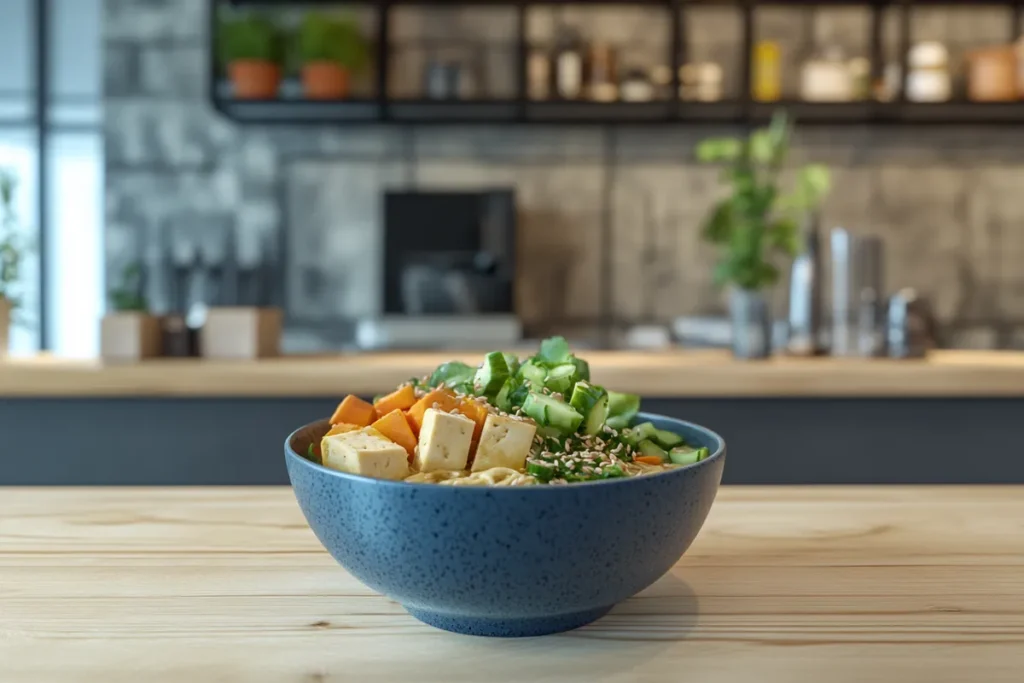 Vegan ramen served in a modern Japanese eatery.