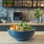 Vegan ramen served in a modern Japanese eatery.