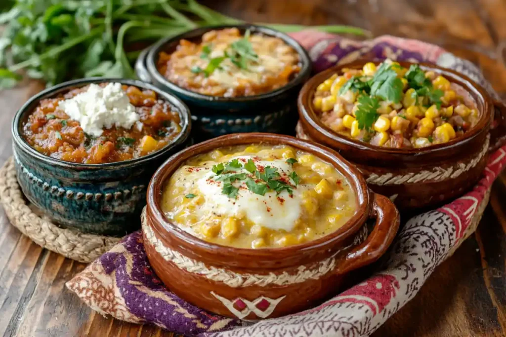 Calabacitas recipe variations displayed in bowls.