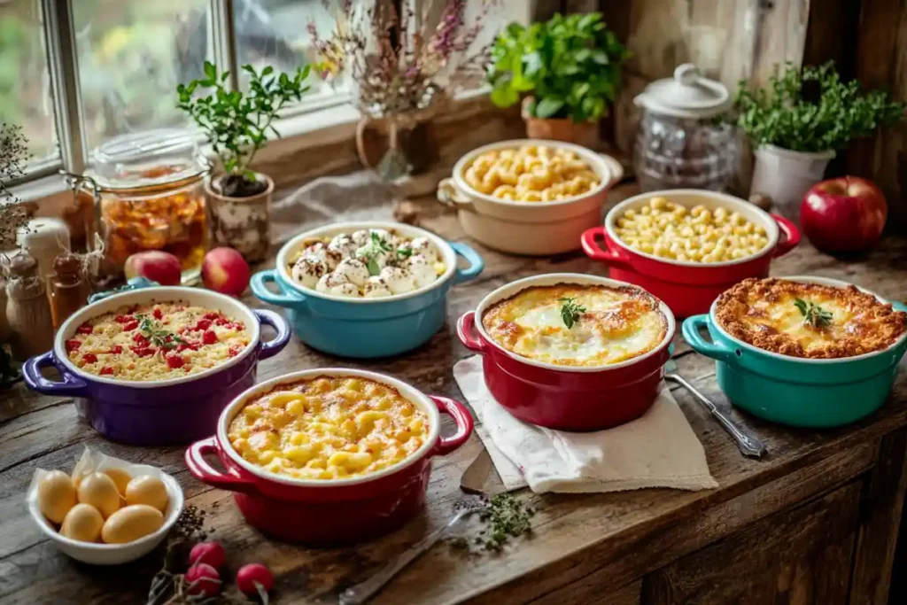 Colorful mini cocottes filled with various dishes on a rustic table.