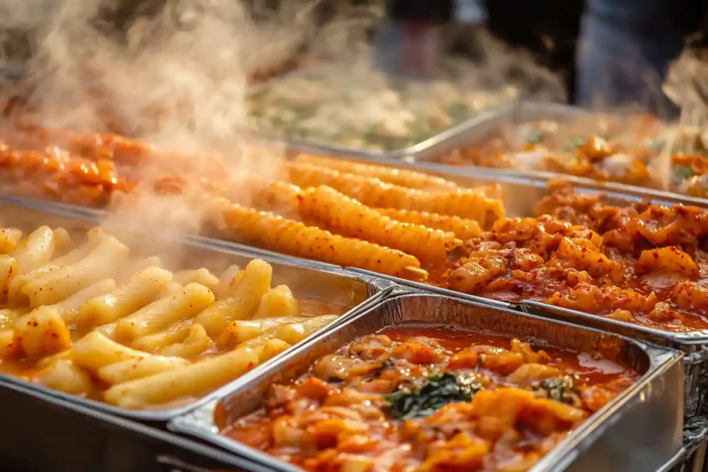 Korean street food market featuring Tteokbokki and Hotteok