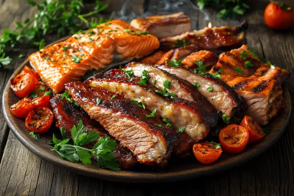 Platter of smoked brisket, ribs, and salmon.